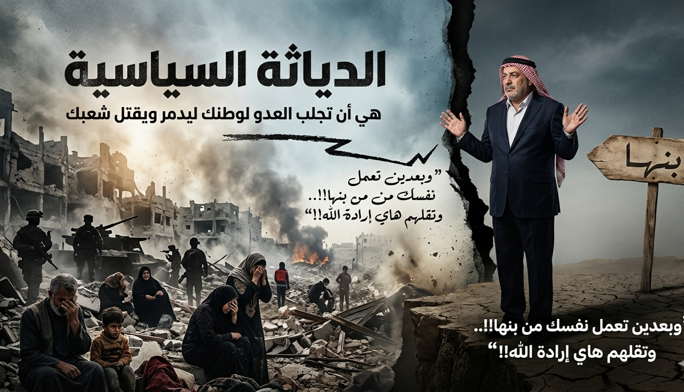 “الدياثة السياسية” هي أن تجلب العدو لوطنك ليدمر ويقتل شعبك، وبعدين تعمل نفسك من بنها!! وتقلهم هاي إرادة الله !!